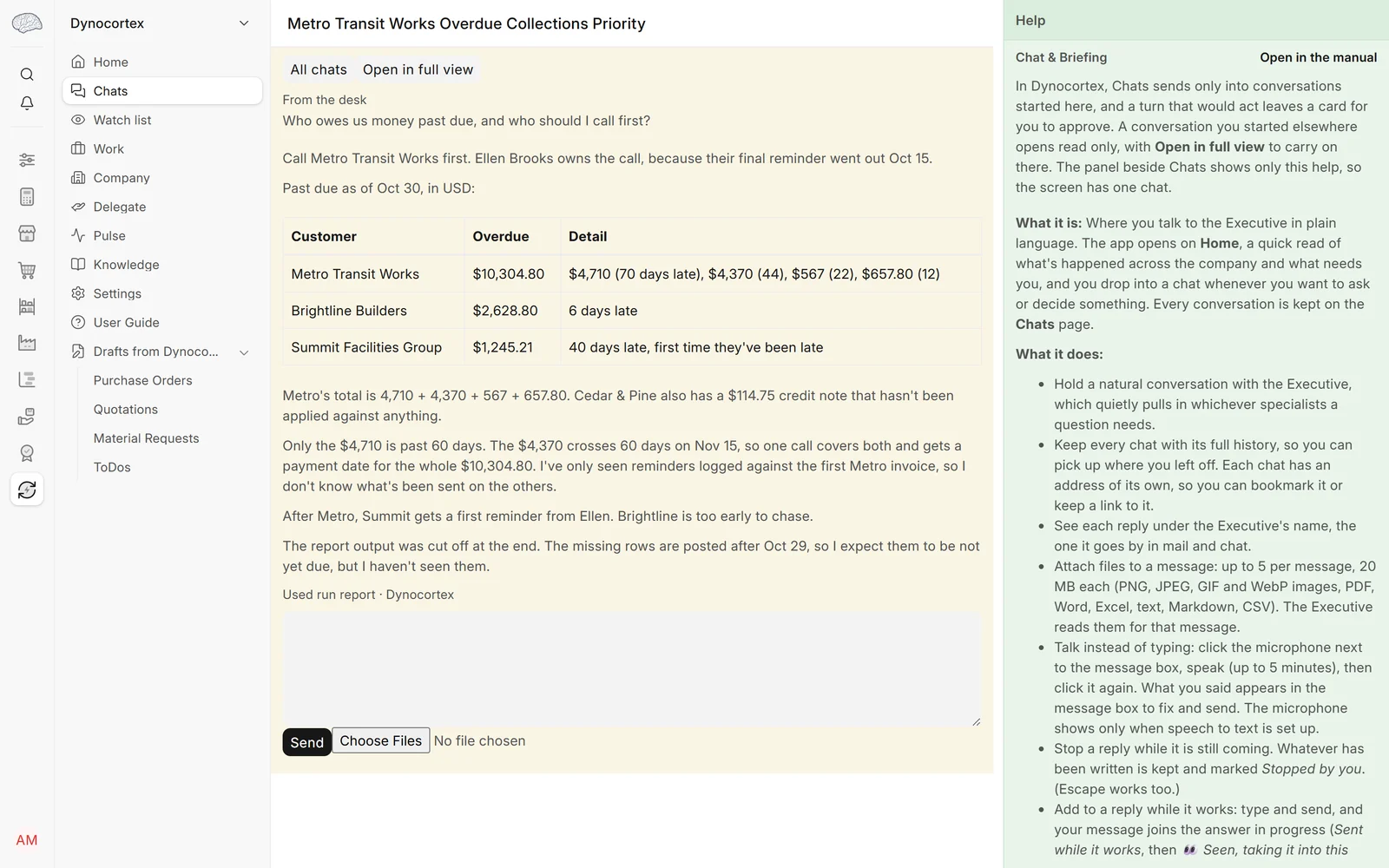 Which overdue invoices to chase first, step 1: Open Dynocortex → Chats and ask: