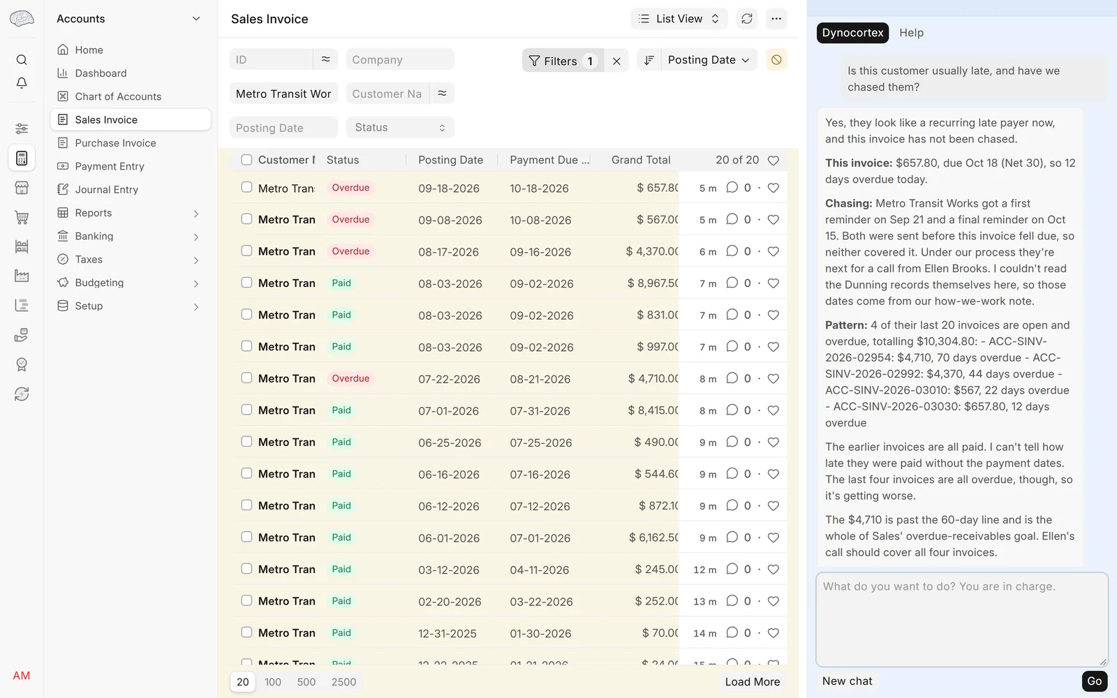Which overdue invoices to chase first, step 2: Open Metro Transit Works' oldest overdue invoice, from the answer or from Accounting → Accounts Receivable. In the Ask panel beside it, ask: