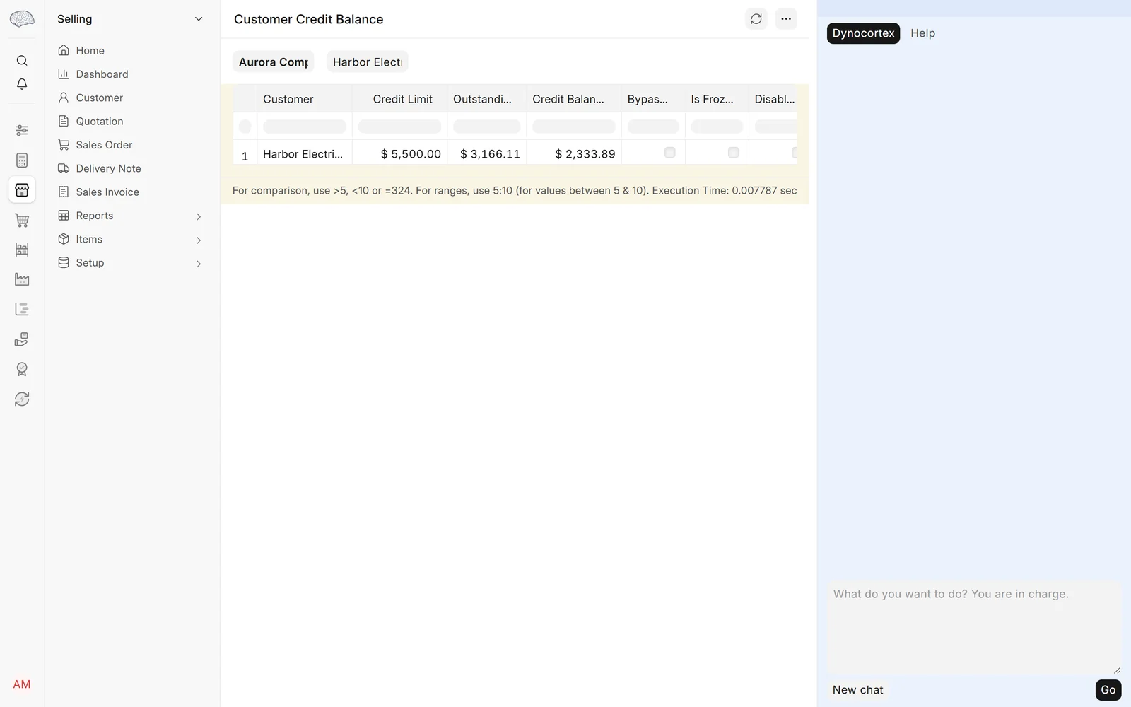 An order stuck on credit hold, step 3: Open Accounting → Customer Credit Balance (or search for it) from the answer, and find Harbor Electric Co-op.