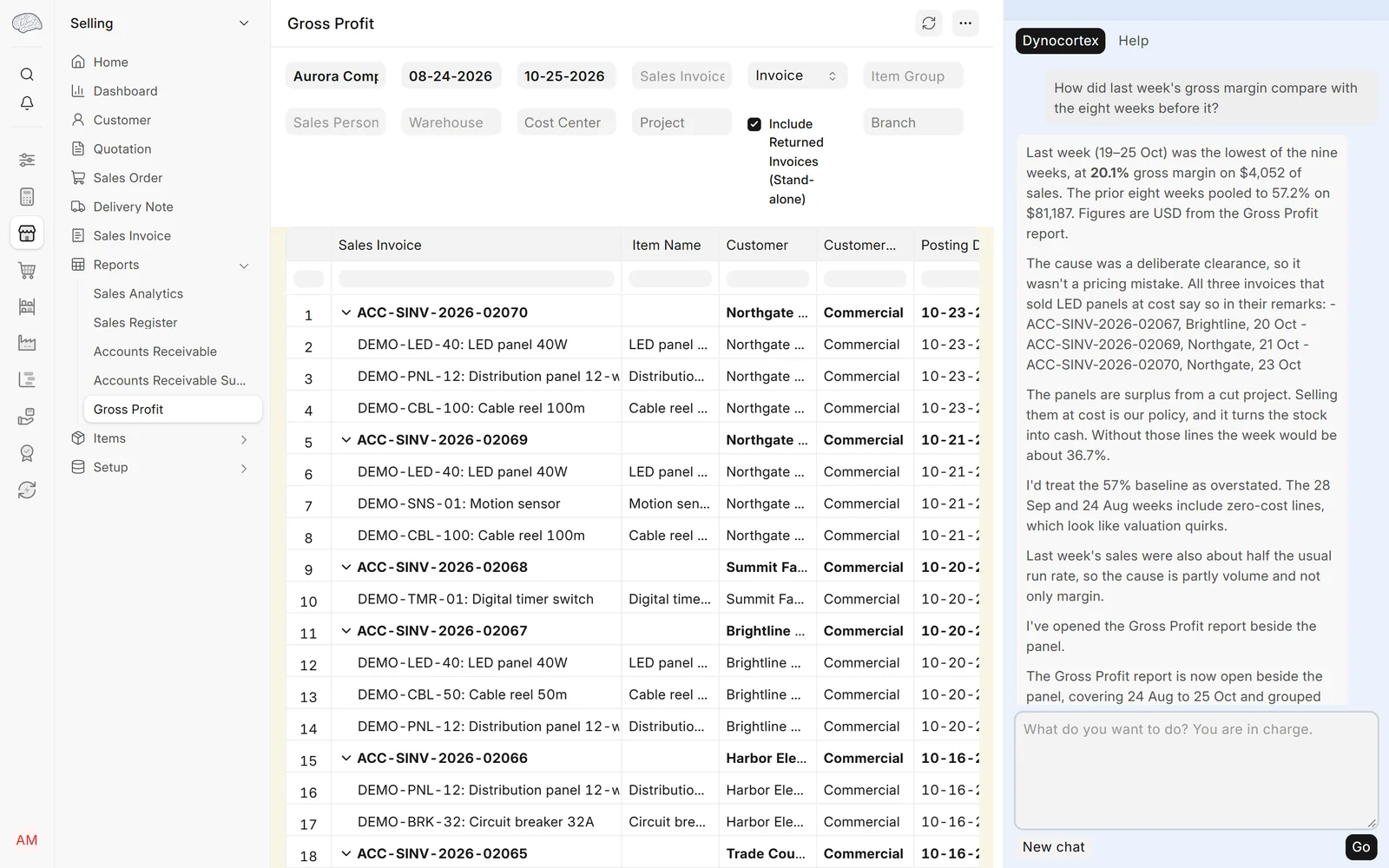 Why did margin drop last week?, step 4: Open the report the answers come from: Selling → Gross Profit (or search for "Gross Profit"). Set Group By to Item Code and the dates to last week, and compare it with the week before. In the Ask panel beside the report, ask: