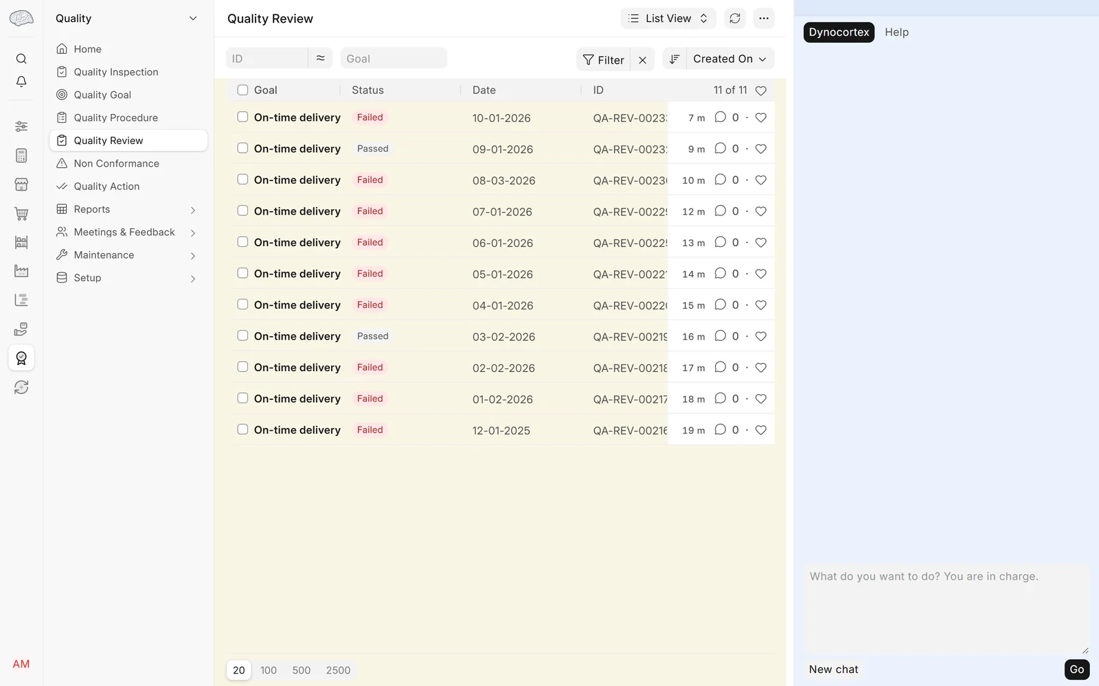 Why do we keep missing on-time delivery?, step 3: Open Quality → Review (the report), and a month's Quality Meeting.