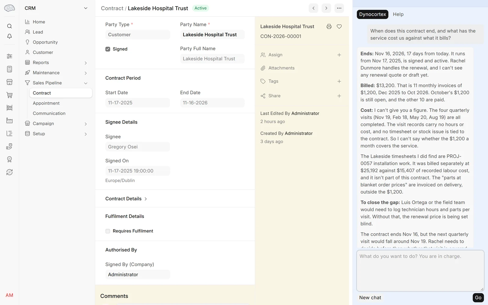 The service desk: what's open, and is it a product fault?, step 4: Open Lakeside Hospital Trust's service contract (CRM → Contract) and ask in the Ask panel: