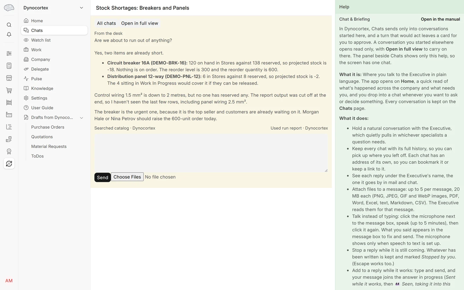 Stop a stock-out before it happens, step 1: Open Dynocortex → Chats and ask: