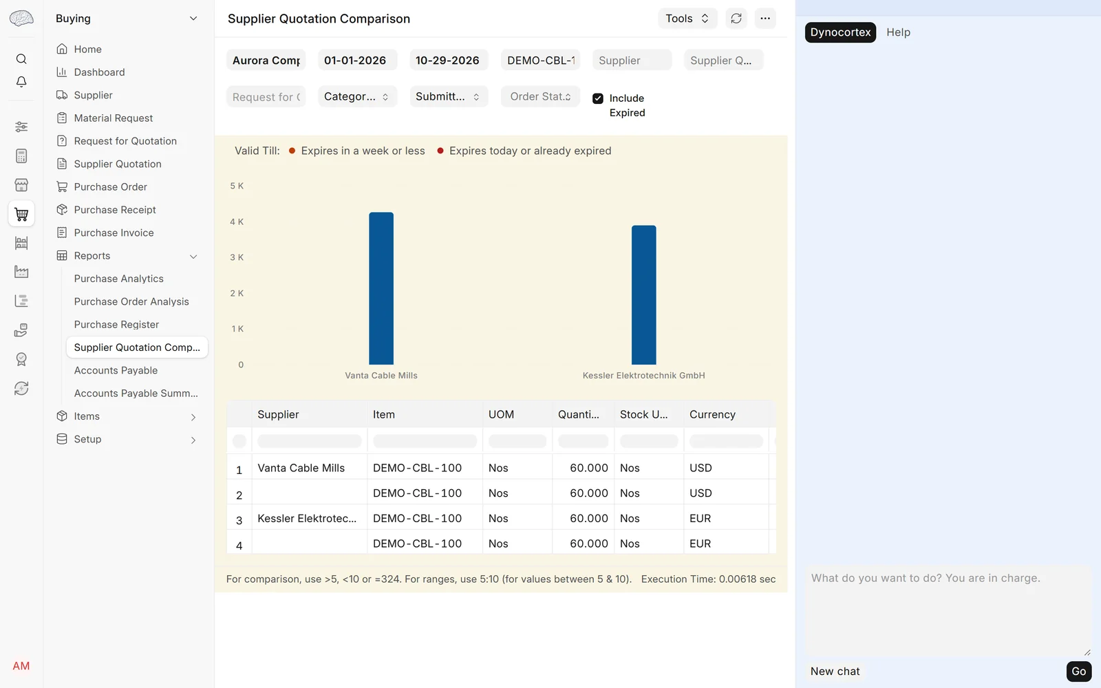 Price, landed cost or reliability: choosing a supplier, step 3: Open Buying → Supplier Quotation Comparison for the 100 m cable reel (DEMO-CBL-100), and Quality → Non Conformance for the failed reels.
