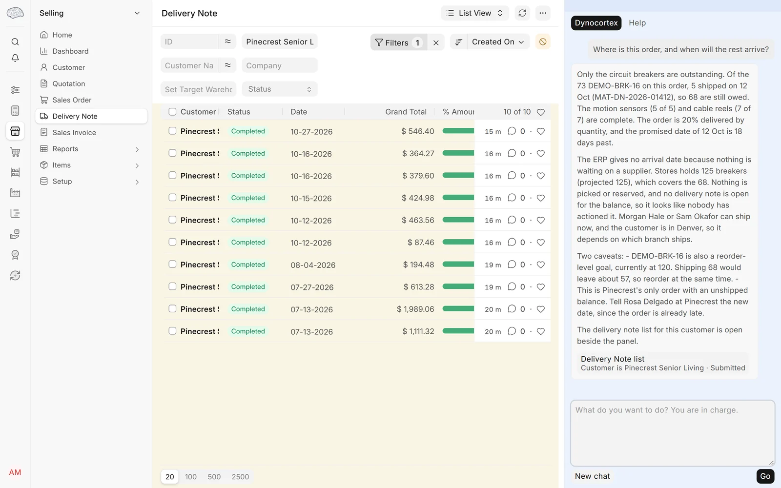 Where is my order?, step 1: Open Selling → Sales Order, filter Customer for Pinecrest Senior Living, and open one of its orders that is partly delivered. In the Ask panel, ask: