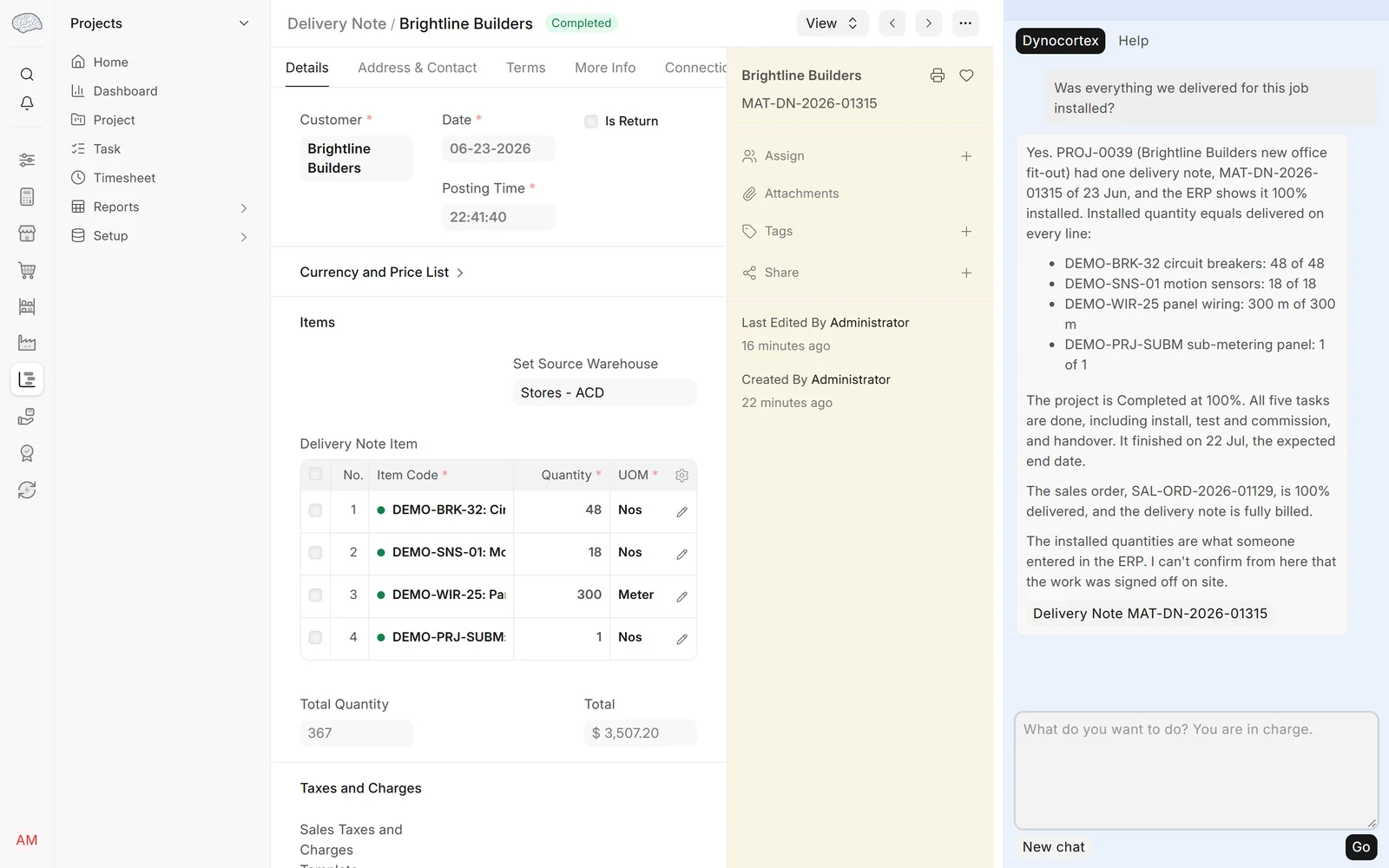 Where is my order?, step 4: Open Brightline Builders' installation project (Projects → Project) and ask in the panel: